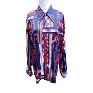 VTG Button Down Blouse Top Polyester Pointed Color Red White Blue Geometric XL